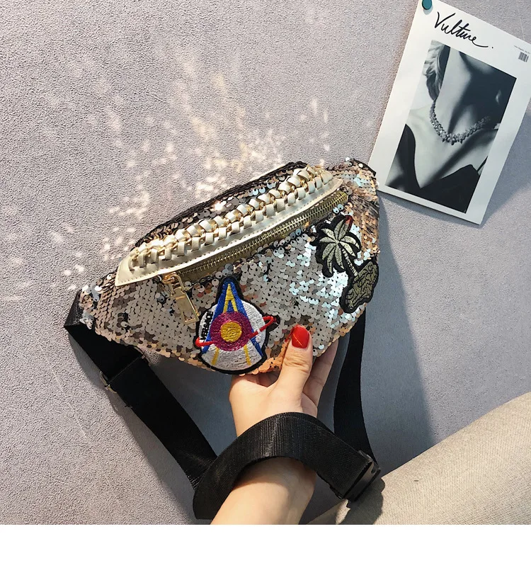 Поясная Сумка Nerka в Корейском стиле, блестящая поясная сумка для женщин, мультяшный полиуретановый зеркальный рок-н-ролл, вышитый блёстками, сумка-мессенджер