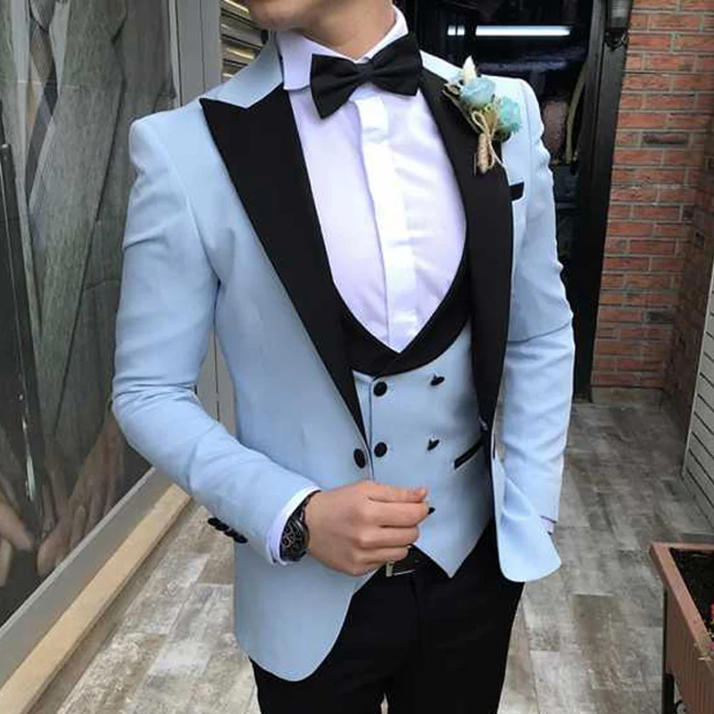 Tailor made Slim fit Men Suits for Wedding with Black Peaked Lapel Sky BLue 3 Piece Male Set Blazer Pants Vest Latest - Цена: 5 993,60 руб.