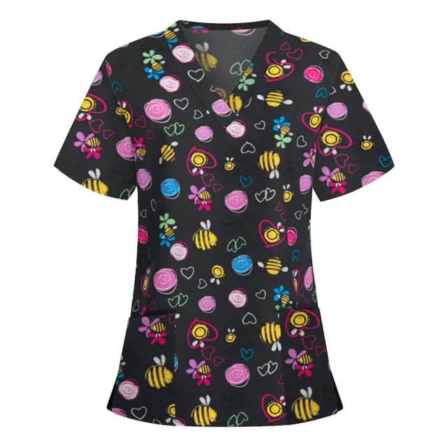 v neck scrub tops Cartoon Dogs Nurse Uniform  medicoal uniforms engineered print piece cut Pet Store Working Uniform Blouse A50 BK