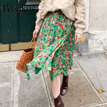 Bazaleas Франция винтажная Женская юбка миди зеленая с цветочным принтом женские юбки с высокой талией тонкая Ретро плиссированная юбка с боковой молнией