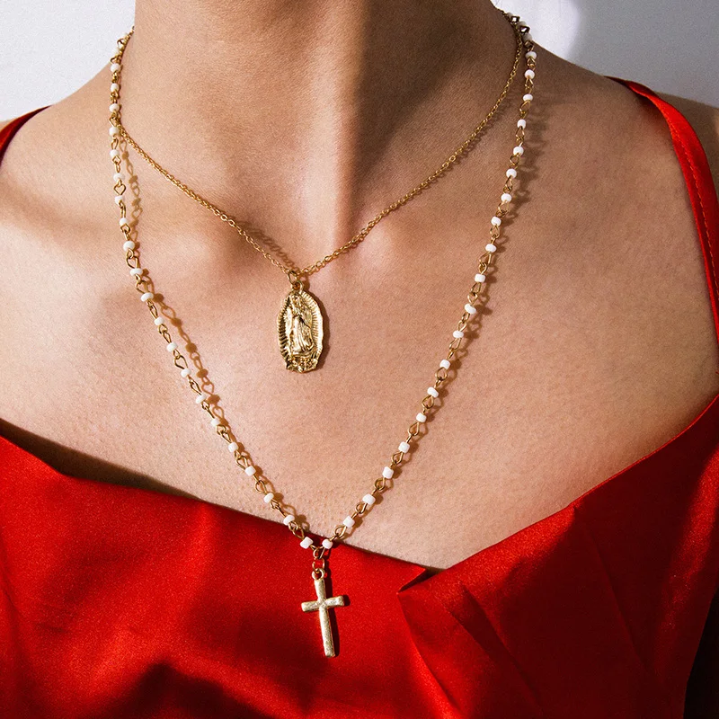

Double-Layer Necklace Geometric Cross Portrait Embossed Beads Ornaments Simple and Versatile Fashion Chain Temperament Necklace