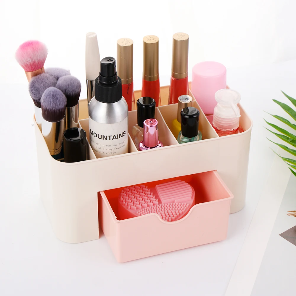 Hot New Pink Blue Green Plastic Makeup Organizer Make Up Brush Storage box with Drawer Cotton Swabs Stick Storage case escritori
