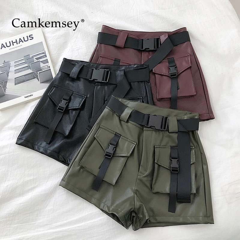

CamKemsey Autumn Winter Casual Solid Wide Leg PU Leather Shorts Women Street Pockets Motorcycle High Waist Leather Cargo Shorts