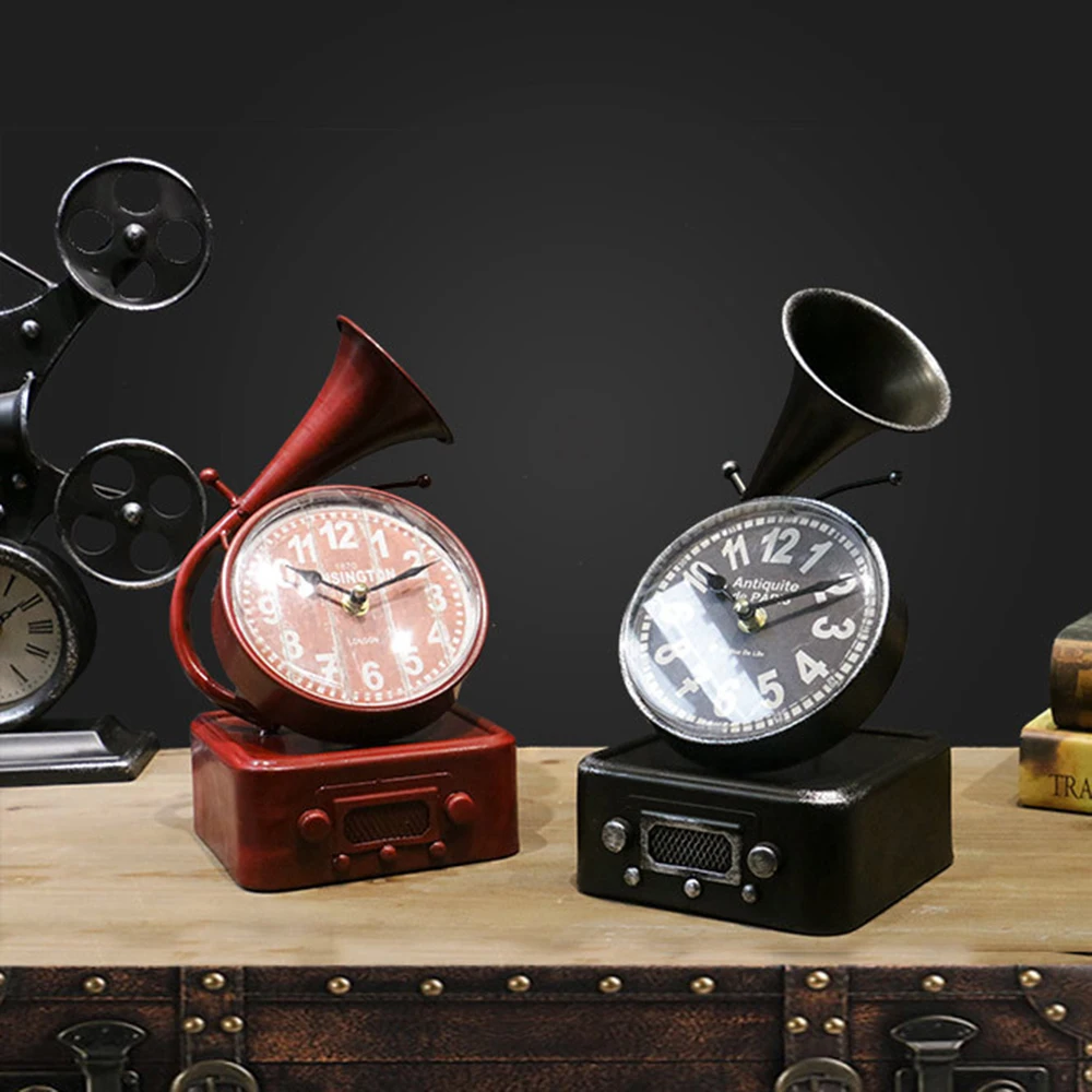 

Industrial wind retro creative home decoration record player with clocks desktop wine cabinet decorations office ornaments
