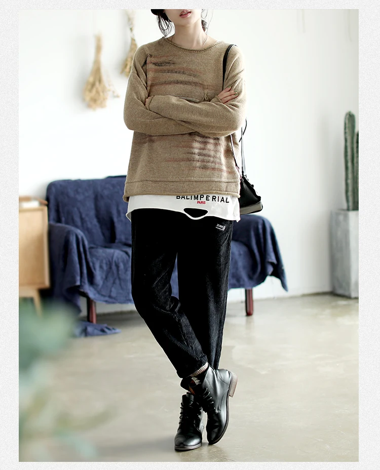 Autumn Sweater Women Retro Loose Knitting Casual Pullovers New Ladies Tops O-Neck Pocket Pocket All-match Sweater