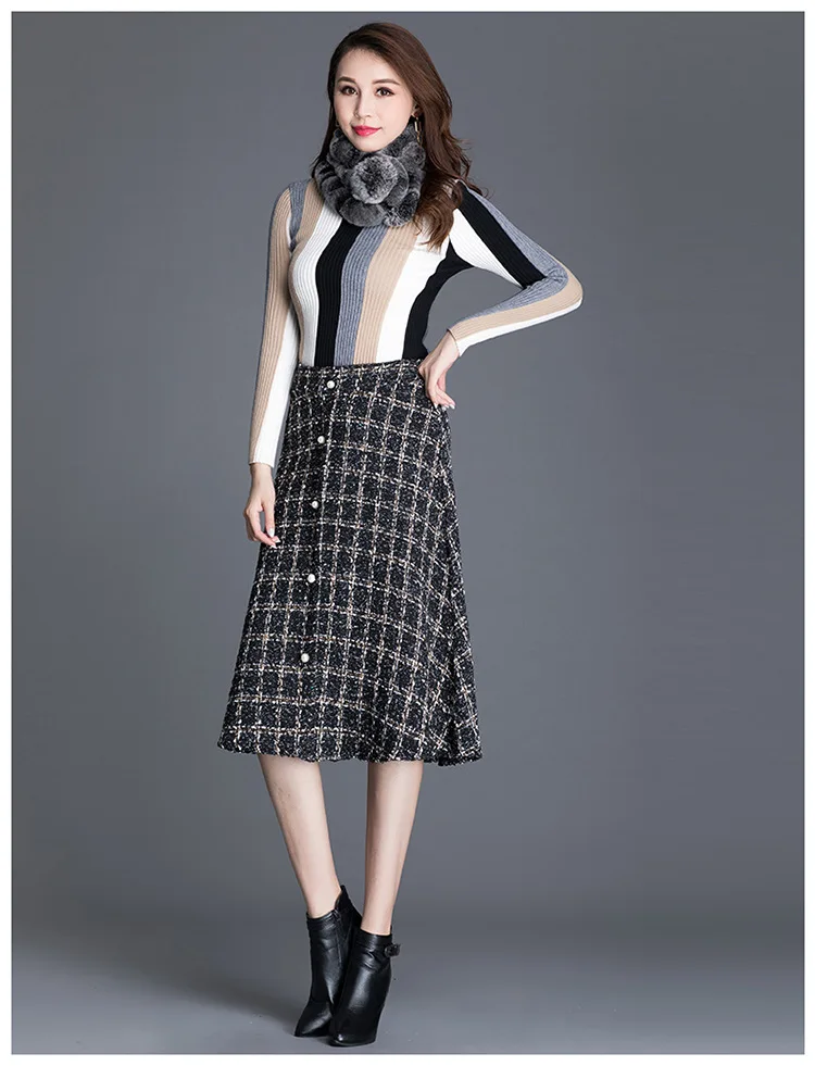 KoHuiJoo осенне-зимняя женская длинная твидовая юбка с эластичной резинкой на талии, повседневные однобортные Клетчатые Шерстяные Юбки в Корейском стиле для женщин