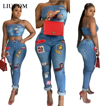 

2020 Cartoon Patch Jeans Two Piece Set Spaghetti Straps Crop Top Curled Jeans Pants Women Sexy Night Club Suit Casual Outfits