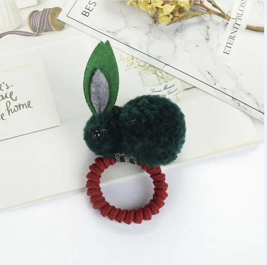 dark green A 1 шт., корейские эластичные резинки для волос, веревка для волос в виде кролика, модное милое кольцо для волос в виде шарика в виде кролика, Детские аксессуары для волос - Цвет: dark green A
