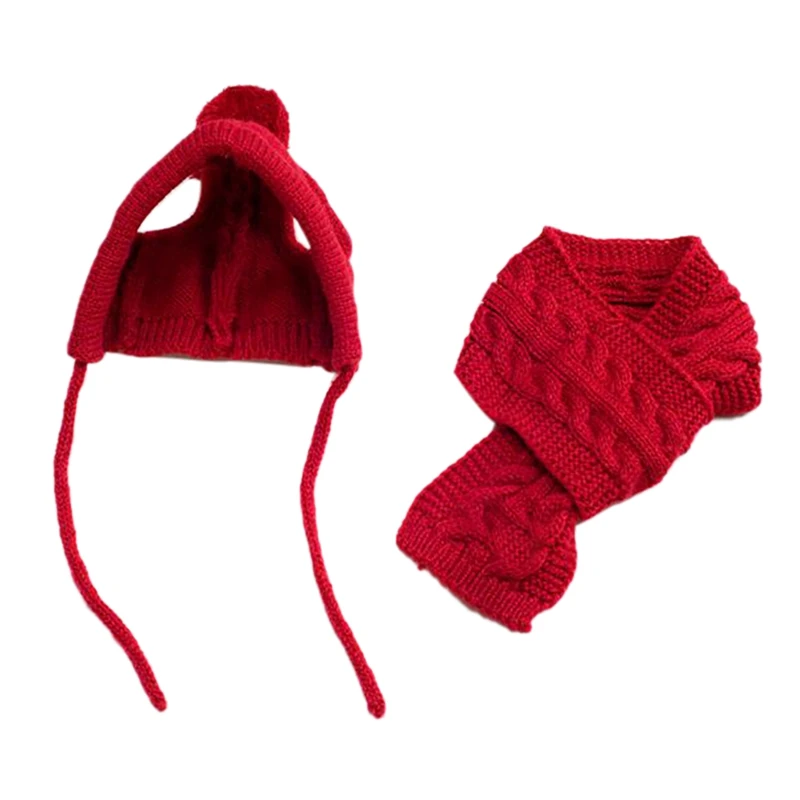 R Pet Winter Knitting Hat And Scarf Set Solid Colored Autumn And Winter Sweet Cute Knitted Wool Hat Pet Grooming Costume - Цвет: R