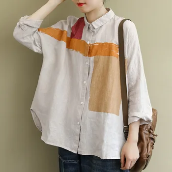 

Women Fashion Japan Style High Quality Linen Long Sleeve Color Patchwork Single Breasted T-shirt Office Lady Casual Loose Tshirt