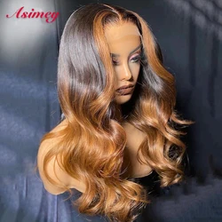 Asimey Human Hair Wigs 32in Highlight 27 Colored Straight Lace Front Wig 180% Density Brazilian Remy 13X4 Preplucked for Women