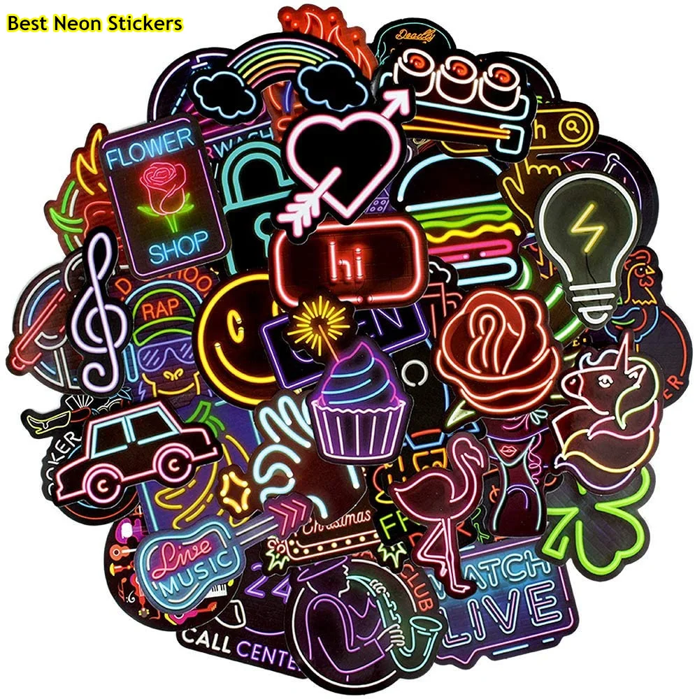 50PCS Neon Light Sticker Anime Animal Cute Decals Vinyl Stickers Gifts for Children to Laptop Suitcase Guitar Fridge Bicycle Car