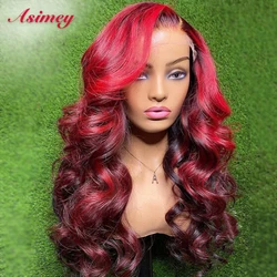 Asimey Body Wave Lace Front Wigs Red Ombre 30 32in Highlight Colored Human Hair Wig 180 Density Preplucked Virgin Remy For Women