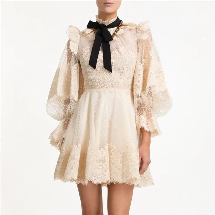 

2019 Autumn Begie Mesh Patchwork Lace Chiffon Lantern Sleeve Women Mini Dress