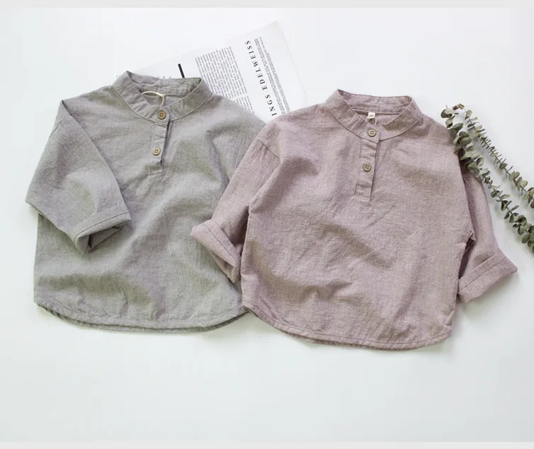 New Autumn Baby Boys Cotton Linen Shirts Pure Color Korean Style Children Shirts Stand-up Collar Kids Long Sleeve Tops boys long sleeve shirts
