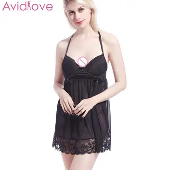 

Women Halter Babydoll Chemises Sexy Lingerie Temptation Nighties Female Hollow Out Mesh See Through Nightgown Erotic Nightdress