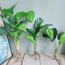 De lujo con estampado verde ficus ramo con raíces flores artificiales plantas para casa decoración artificial de jardín de flores