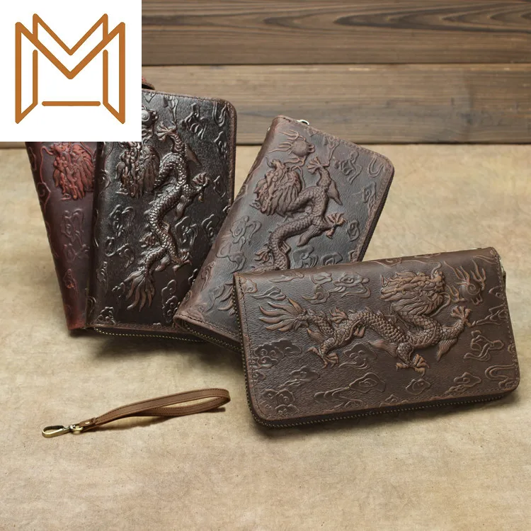 

Crazy Horsehide Hand Layer Cowhide Man Long Wallet Dragon Pattern Manual Card Package Man Single