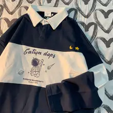 

Astronaut printed polo sweatshirts 2021 spring autumn American retro patchwork streetwear loose bf style couple sweatshirt trend
