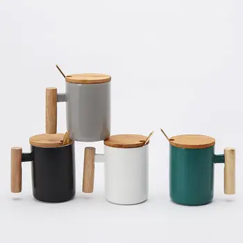 

Home and Office Coffee Cups Ceramic Cup with Wooden Handle and Delicate Spoon Simple Nordic Creative Pure Color Mug Good Gift
