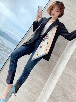 

Fashion suit lapel one button waist printed silk scarf mid-length all-match plus size jacket 2020 early autumn new