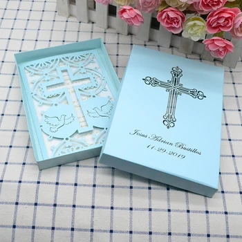 

10sets personalised christening laser cut cross invitation with box