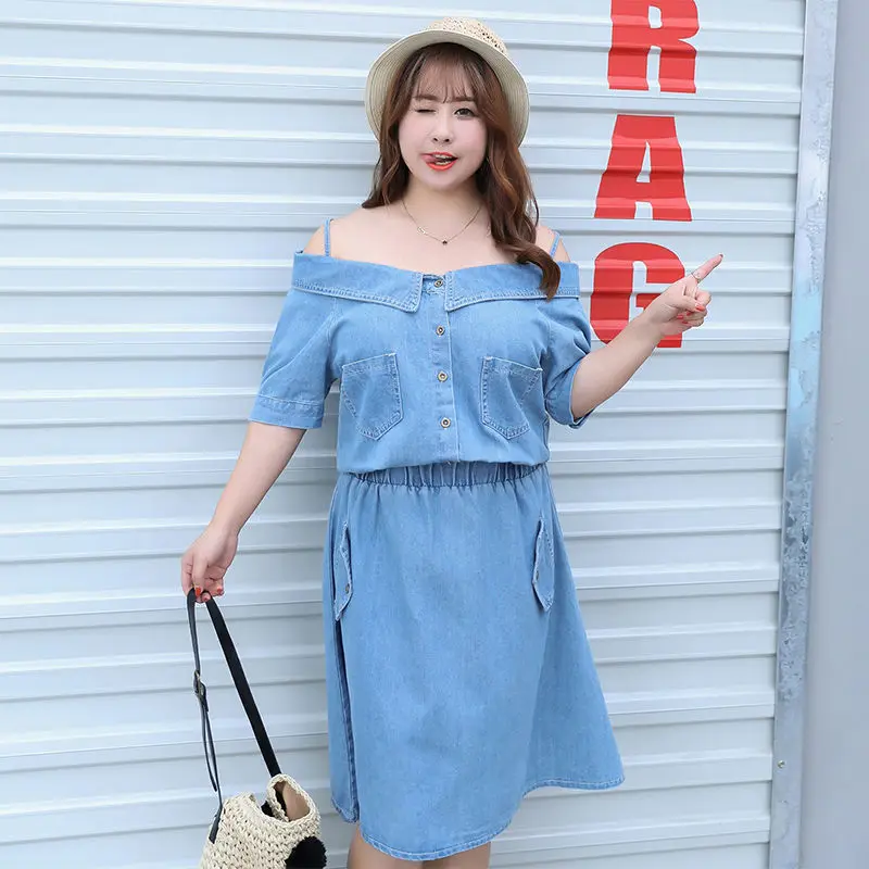 

Summer Denim Dress Korean Slash Neck Suspenders Dress Woman Denim Dresses Ladies Plus Size Denim Dress Large Size Women Clothing
