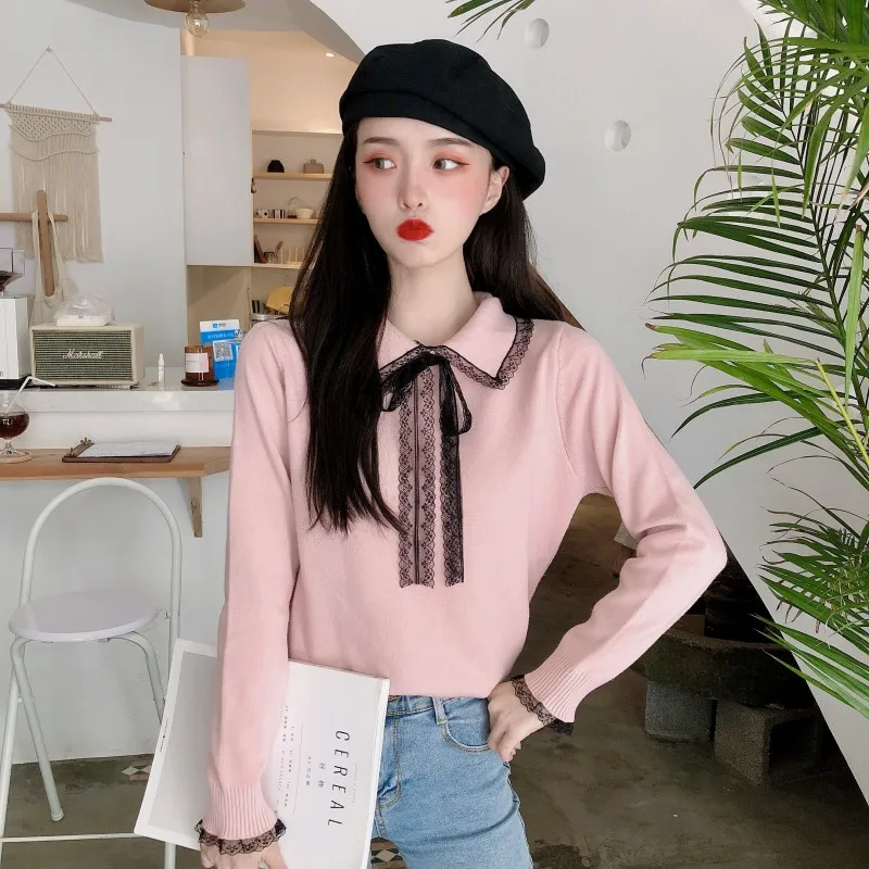 Woherb Pull Femme милые кружевные вязанные пуловеры в стиле пэчворк с отложным воротником и длинным рукавом, джемперы в Корейском стиле, модные топы на осень, новинка 91100