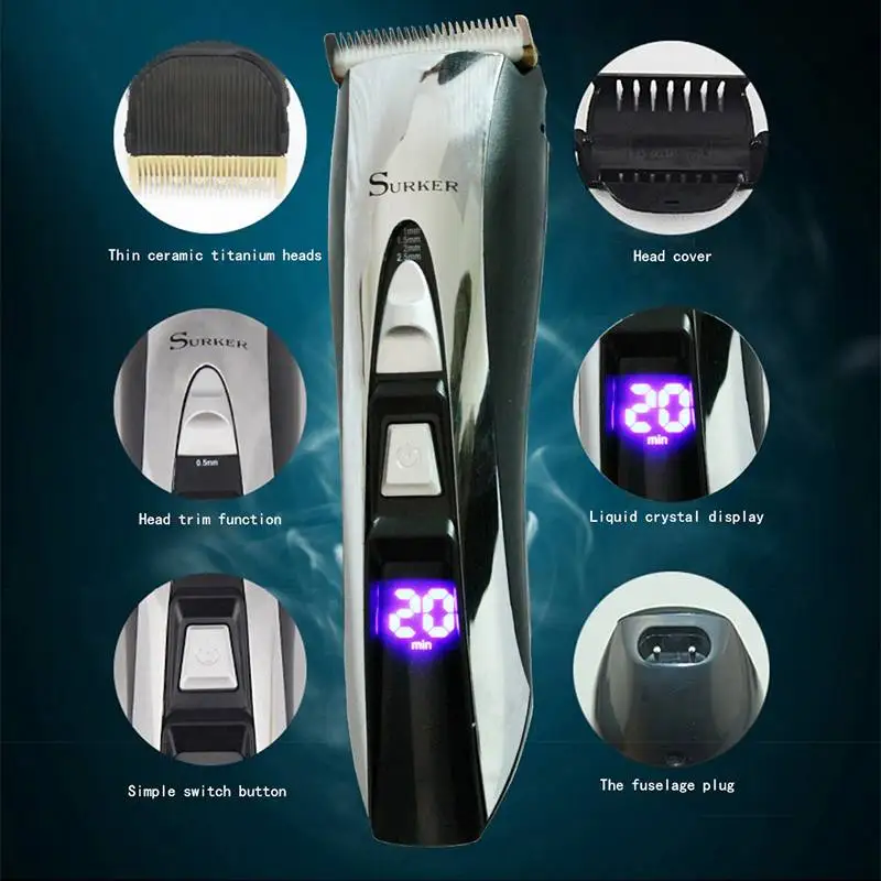 SURKER Professional Hair Trimmer Rechargeable LED Display Men's Cordless Electric Hair Clipper Fader Hair Cutting Machine