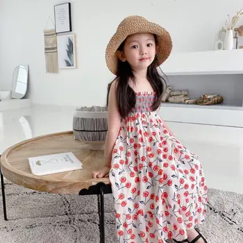 

Y698 BP Style girl cherry sling dress holiday long sweet dress summer 2020 big girls clothing nylon-cotton fabric dress