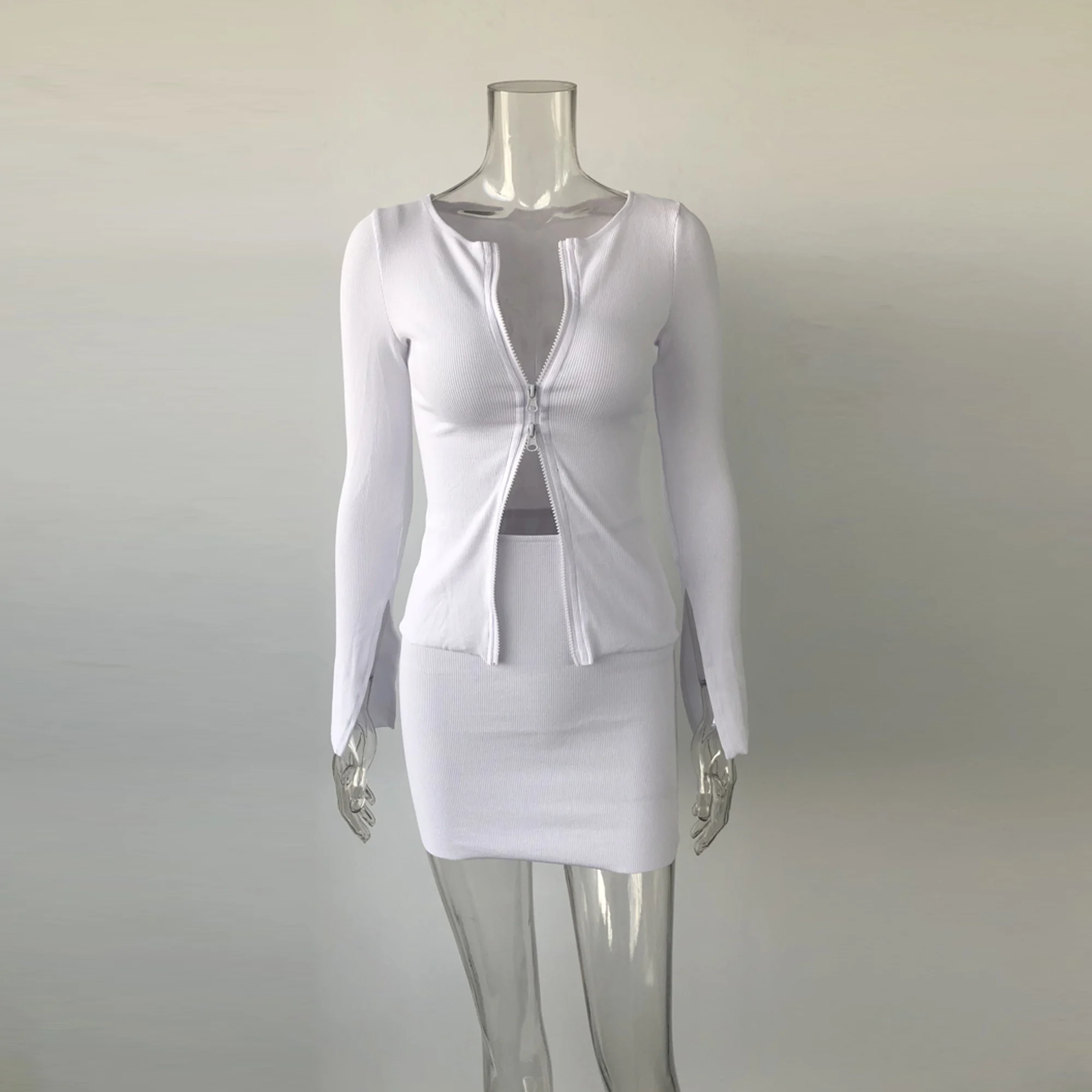 XLLAIS хлопок ребристый белый из двух частей наряды для женщин двойной молнии пальто из мягкой ткани и юбки карандаш подходящие 2 комплекта хорошее качество топы