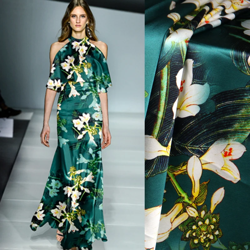 

118CM Wide 19MM White Floral Print 93% Silk & 7% Spandex Stretch Ink Green Silk Satin Fabric for Summer Dress Jacket D1077