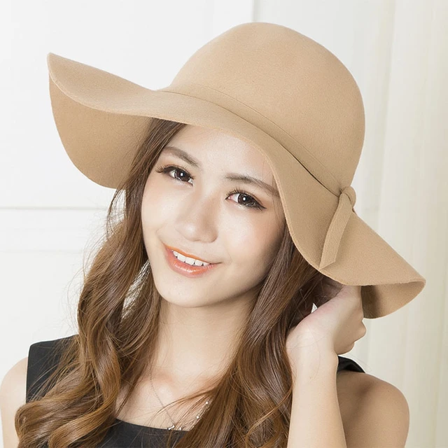 Wool Felt Foldable Floppy Hat With Ribbon Fashion Wide Large Brim