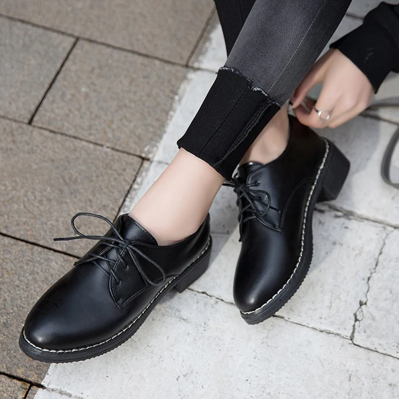 Women Flats New British Style Oxford Shoes Women Casual Lace Up Pu Flats Shoes Female Creepers Zapatos Mujer Ladies