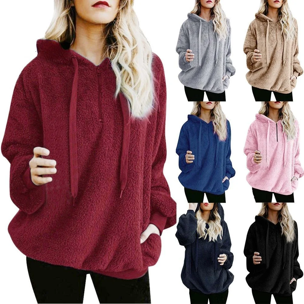 

2021High Quality Solid Color Zipper Hoodies Jumper Women Warm Winter Fleece Hooded Fluffy Hooded Sweatshirt New Fashion Clothing