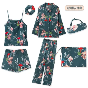 

Summer Autumn 7 Pieces Set Silk Elegant Women Pajamas Print Silk Shorts Long Sleeve Top Elastic Waist Pants Silk Lounge Pijamas