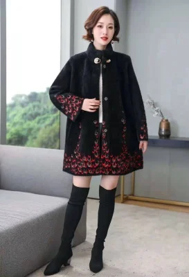 black Большой размер, одежда для мамы, длинный свитер, пальто для женщин, воротник средней длины, принт, норковая шуба, Женский вязаный кардиган среднего возраста f2745 - Цвет: black