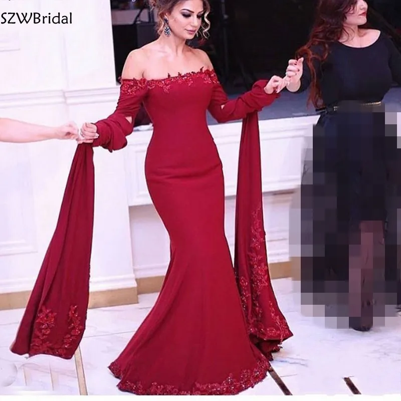 

New Arrival Burgundy Mermaid evening dresses Long sleeve evening gown Dubai abiye gece elbisesi vestido longo long dress