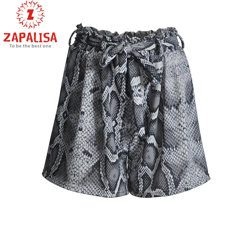 Zapalisa, летние женские шорты, сексуальные, змеиный принт, индивидуальность, свободные, эластичные, высокая талия, шорты, модные, с поясом, Декор, бандаж, Короткие