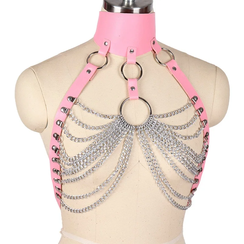 Sexy Leather Harness Pink Straps Metal Chain Punk Goth Belt Chest Crop Top Hollow out Adjustable Dance Party Rave Women Lingerie