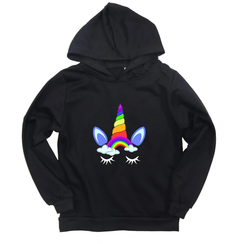 Hoodies 4 Новинка года, весенне-осенние толстовки с капюшоном для маленьких девочек, черные теплые толстовки с капюшоном и принтом единорога пальто с длинными рукавами детская верхняя одежда, куртка - Цвет: Hoodies 4