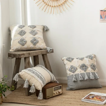 

Moroccan Style Cushion Cover Tufted Tassel Hand-neutral Decorative Pillowcase 45x45cm/30x50cm for Sofa Bed Gray Ivory