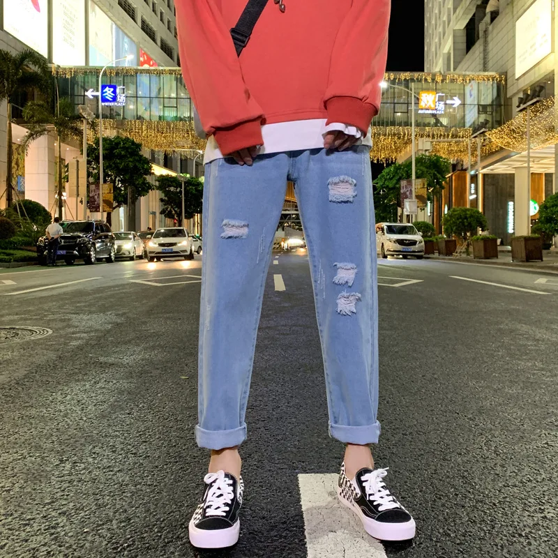 Moda Streetwear Jeans da uomo pantaloni larghi alla caviglia blu chiaro  pantaloni Cargo fori Hip Hop Jeans strappati per uomo|Jeans| - AliExpress
