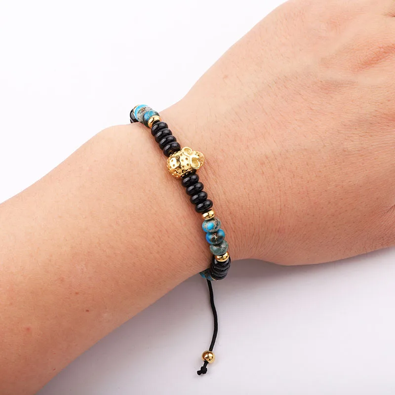 JARAVVI Men Bracelet High Quality Natural Stone Beads Stainless Steel Skull Charm Adjustable Bracelet Men Jewelry Gift - Image 3