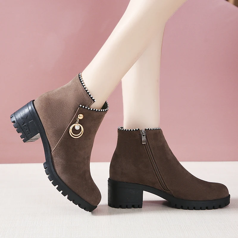 Autumn Winter Warm Women Ankle Boots Square High Heels Leather Boots Pointed Martin Boots Casual Pumps