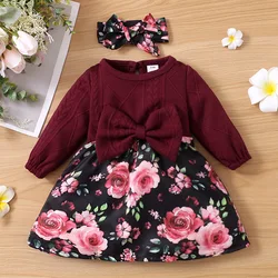Robe rouge à imprimé Floral pour petite fille, joli vêtement à manches longues, 2 pièces, à gros nœud, printemps/automne, pour fille de 0 à 2 ans 