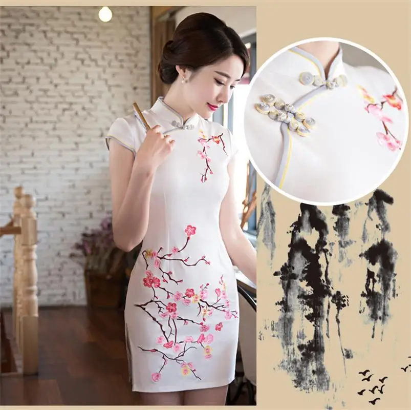 Цветочное вышитое платье-чанпао винтажный китайский воротник Qipao Новинка тонкий короткий рукав Улучшенный чёнсам Vestidos плюс размер s-xxl