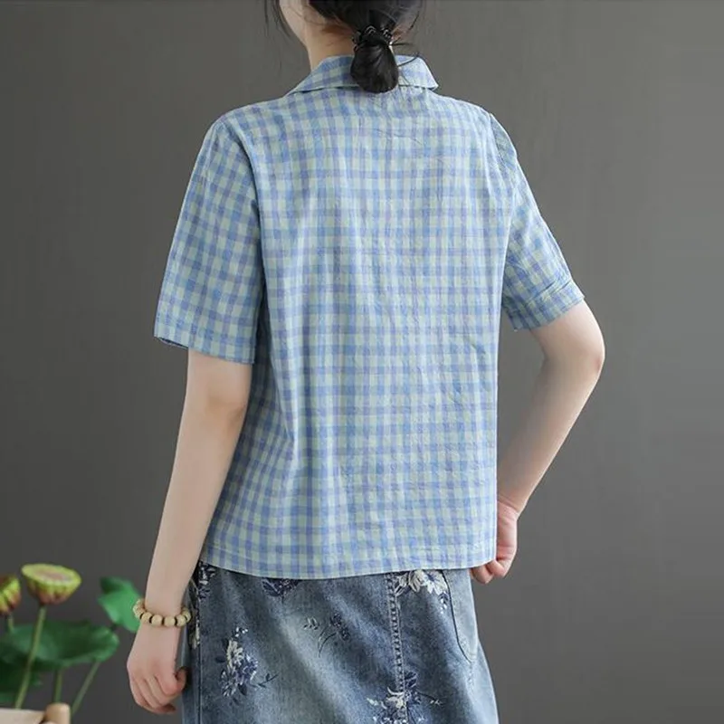Blouses Shirts Women Summer Casual Plaid Tops New 2020 Korean Style Turn-down Collar Female Vintage Blouse High Quality P990 6
