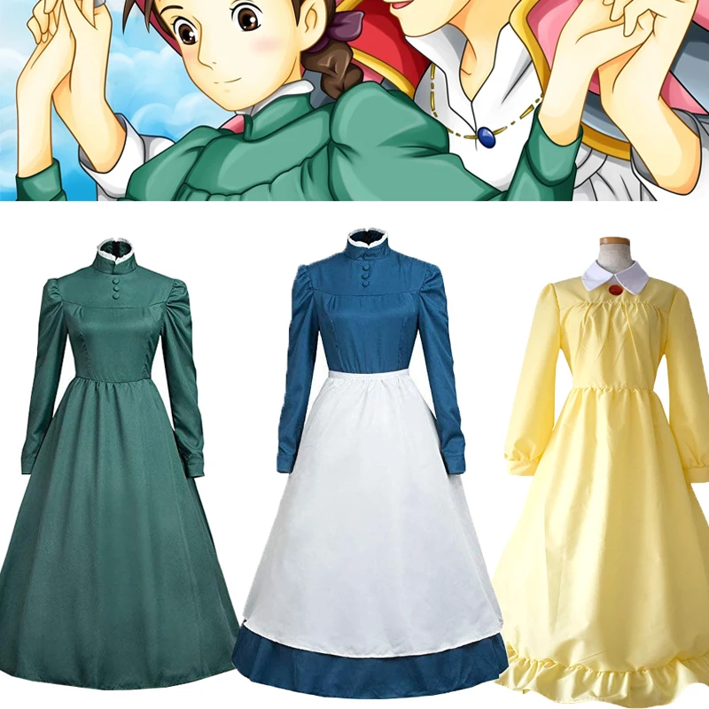 

New Women Anime Howl's Moving Castle Hatter Wizard Sophie Cosplay Costume Blue Long Sleeve Maid Dress Halloween Fancy Costumes