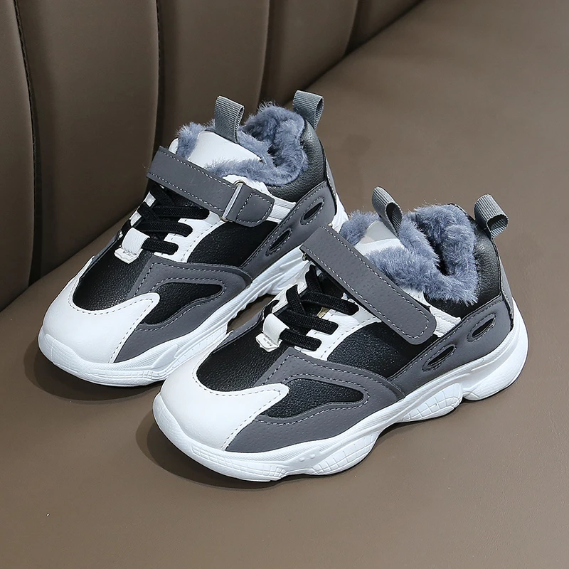 gray plush Г. Модная новая детская зимняя водонепроницаемая Спортивная обувь для маленьких девочек повседневная обувь для больших детей, кроссовки для мальчиков, ботинки от 3 до 12 лет - Цвет: gray plush